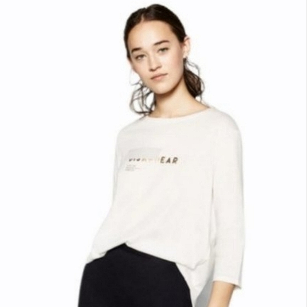 Zara White ¾ Sleeves Blouse with Gold Inscriptions